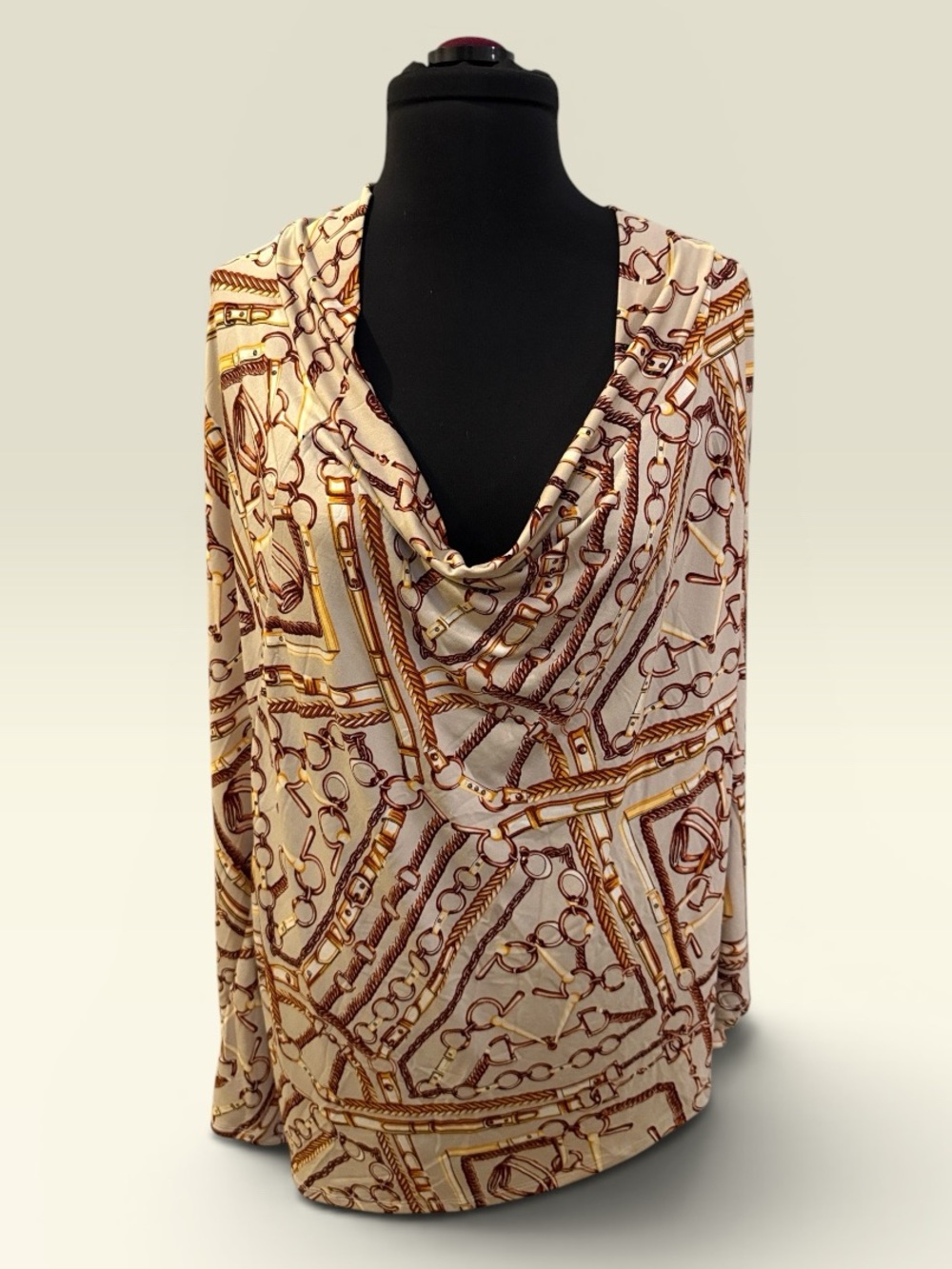 Versatile Women's Chain-Print Cowl Neck Shawl Top or Skirt Cream/Brown